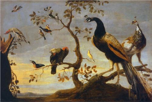 Group of Birds Perched on Branches-Bird Painting